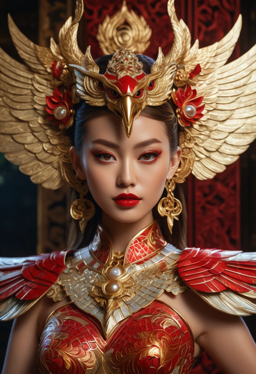 Photorealism, Face facing front,Stunning hyper-realistic beauty Japanese girl, by Ash Thorp and Marta Nael, anime, manga, character, upper body only, wearing high detail elaborate red mate mix 24k gold balinese garuda engraving  fantasy clothes inspired by balinese culture, futuristic and modern twist, vibrant high res  colors, soft focus, warm lighting, 8k, high-quality print, delicate features, intricate details, jade eyes , light brown hair, high detail skins, red lips,  dynamic pose, fusion of traditional and futuristic elements, barong garuda ornate accessories, exotic patterns, Batik-inspired design, traditional balinese headdress, intricate maluku pearl jewelry. High res, high saturation, cinematic, 1040x2400pixels