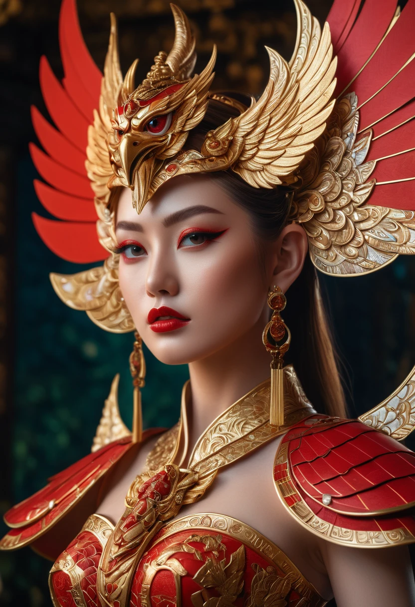 Photorealism, Face facing front,Stunning hyper-realistic beauty Japanese girl, by Ash Thorp and Marta Nael, anime, manga, character, upper body only, wearing high detail elaborate red mate mix 24k gold balinese garuda engraving  fantasy clothes inspired by balinese culture, futuristic and modern twist, vibrant high res  colors, soft focus, warm lighting, 8k, high-quality print, delicate features, intricate details, jade eyes , light brown hair, high detail skins, red lips,  dynamic pose, fusion of traditional and futuristic elements, barong garuda ornate accessories, exotic patterns, Batik-inspired design, traditional balinese headdress, intricate maluku pearl jewelry. High res, high saturation, cinematic, 1040x2400pixels