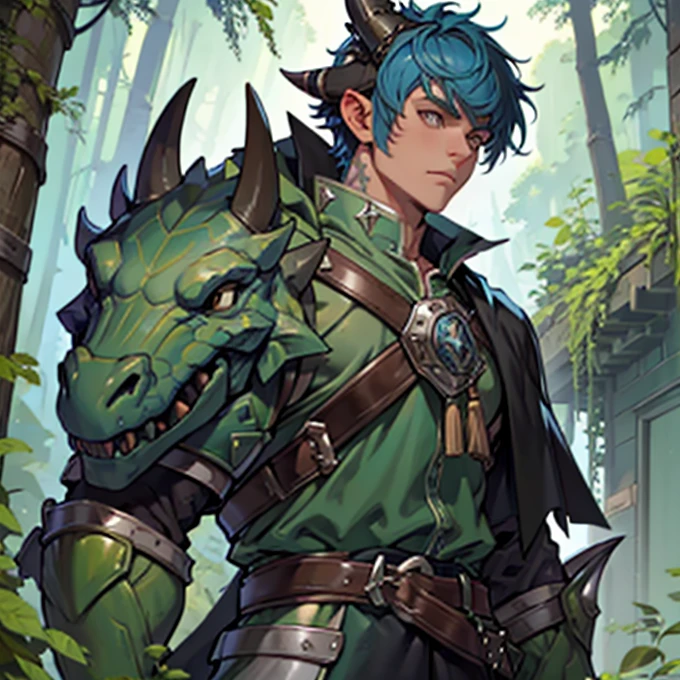 Male, forest gnome, young, short stature, blue hair,  green clothes, hunter, studded leather armor, dinosaur head pauldron, black cloak, sword, fantasy, outdoors, dynamic pose, full body