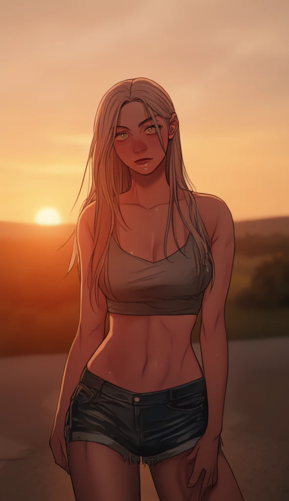 Captured at eye-level, a medium-sized tiktok model who has brown-skinned woman with long blonde hair, wearing a grey crop-top and  blue jean shorts showcasing her midriff and detailed abs.she is muscular and has muscular arms.  The background is a sunset scenery, highlighting her features and her sweaty body ,lean body,detailed six pack abs,(masterpiece,UHD,4k,16K),gl