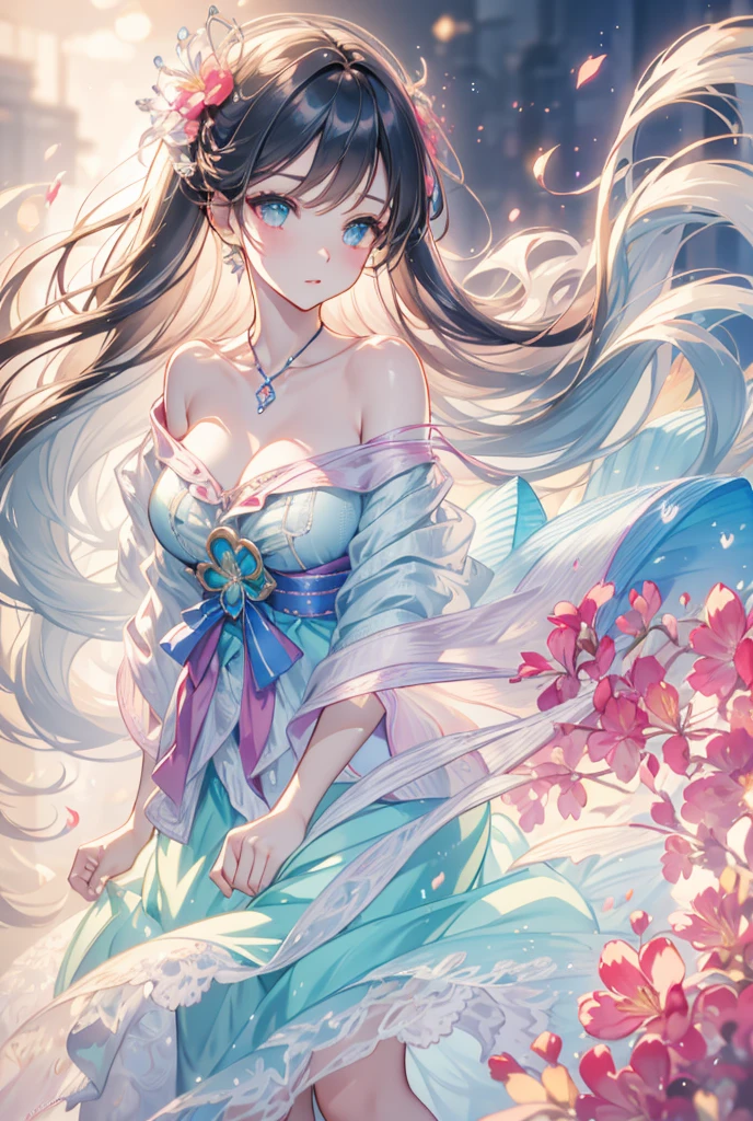  background on the seaside HD ，Haze，hazy feeling，Clear and transparent， Japanese air feeling ， Beautiful Fantasy Art ， transparent bright watercolor rendering ，Gradient feeling ，Beautiful flowers floral texture rendering，Background Floral Waveform Rotating Swirl Diffusion Traces，Prospect Watery ， Watercolor Splash ， The skirt of a girl is a blooming flower halo, fantasy fantasy art ， Beautiful Fantasy Art ！