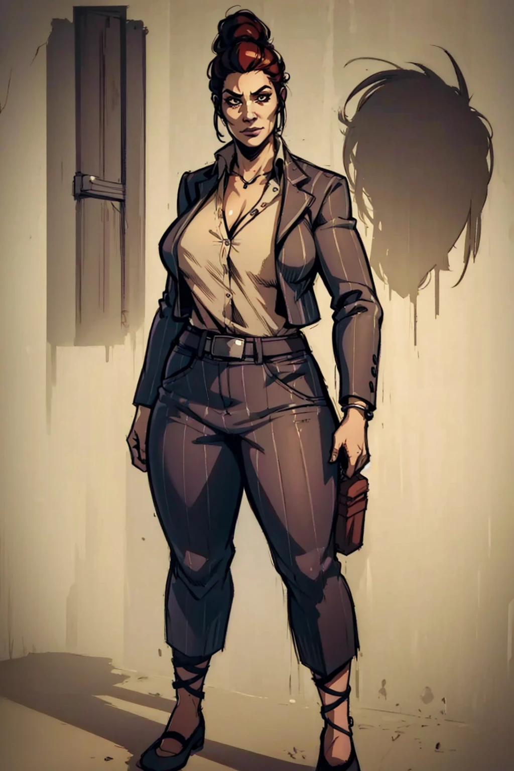 digital art, highly detailed, reference sheet, standing straight pose, mature woman, adult female, whole body, form-fitting, Jane Romero (Dead by Daylight) inspired costume, pinstriped blazer blouse, belt, pinstriped pants that ends above the ankle, belt, mary jane shoes, 1woman, solo, upper body, lower body, ((Extremely Detailed)), ((Best Quality)), ((Masterpiece)), ((4k)).
