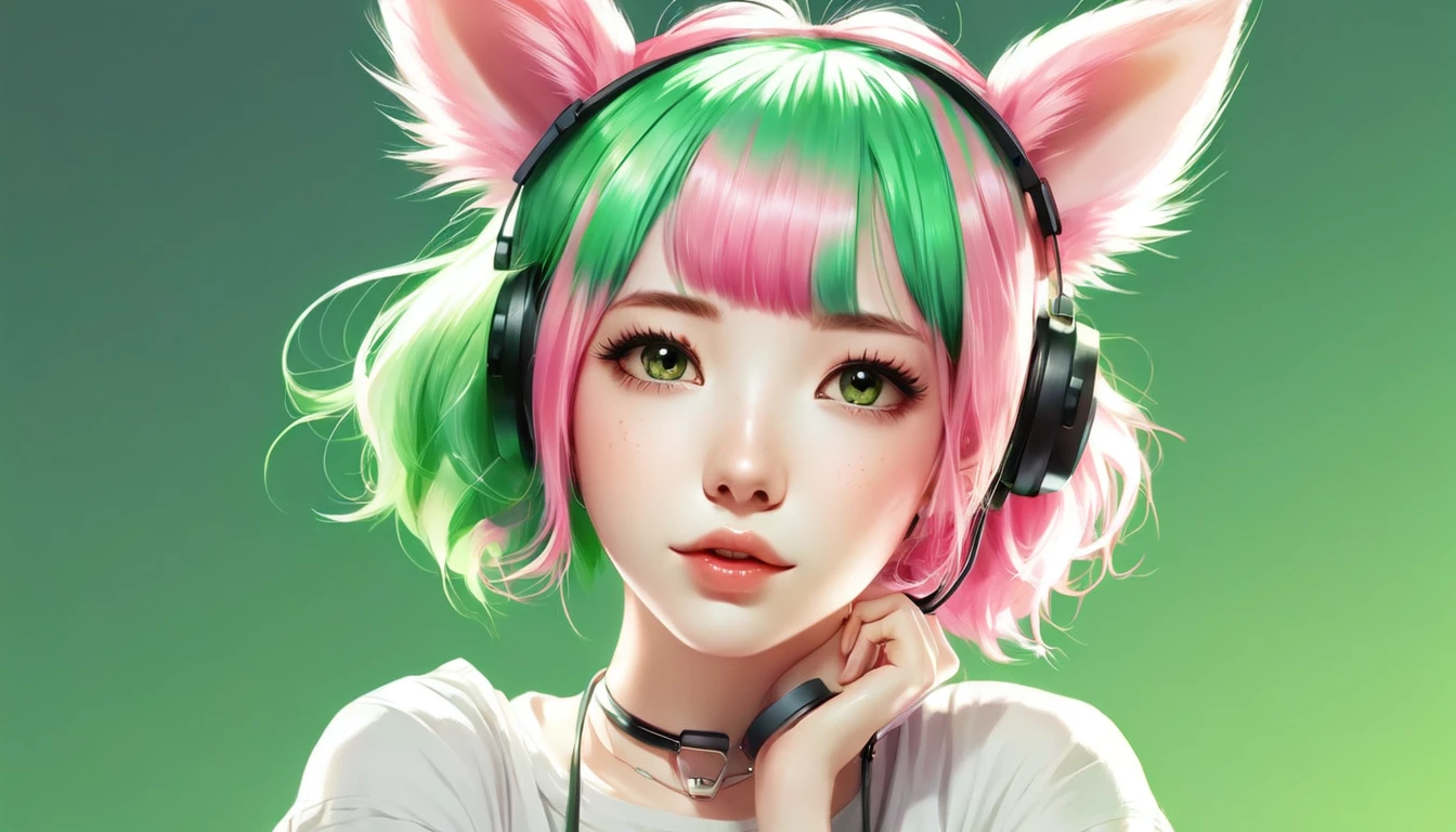 1 Girl, animal_ear, Gradient, Gradient_background, green_background, Check_exist_Check者, Pink_hair, JM Solo 