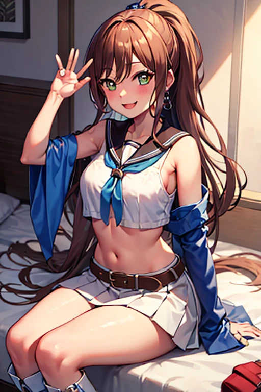 Best Quality, masterpiece,  high definition, Alone, {Imai_Lisa_BanG Dream!:1.15}, brown_hair, length_hair, 前hair,  jewellery, green_eye,  earrings for a woman alone, ,  ponytail,  side lock, Vivros \(Horse Girl\) white sailor color, Bare Shoulder,  Blue Ribbon , Small Cape,  Straps, Anchor decoration,   bodystocking , belt, Bare knees,  White Pleated Skirt , White boots, smile,  raise your arms, Under the arms,