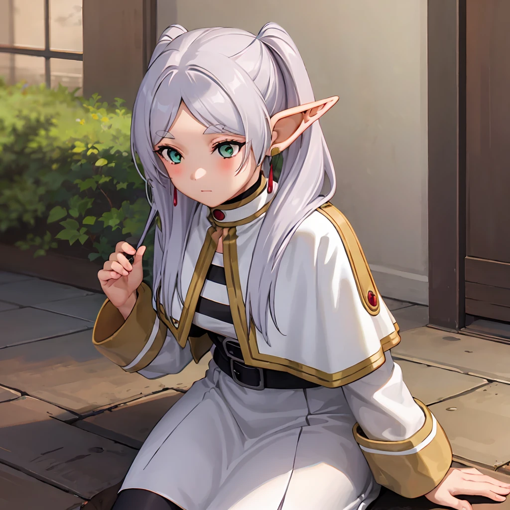  1 girl,  twin tails,  very long hair ,  silver hair,  pointed ears, Elf,  white capelet, green eyes,  black pantyhose,  earrings for a woman alone, White Skirt, belt, White sleeves, (Play video games:1.2)、 skirt raised、Panty shot