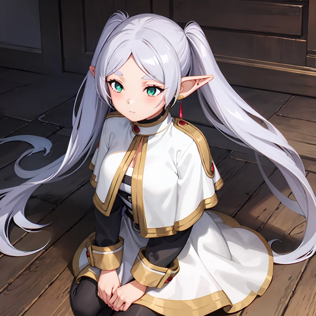  1 girl,  twin tails,  very long hair ,  silver hair,  pointed ears, Elf,  white capelet, green eyes,  black pantyhose,  earrings for a woman alone, White Skirt, belt, White sleeves, (Play video games:1.2)、 skirt raised、Panty shot