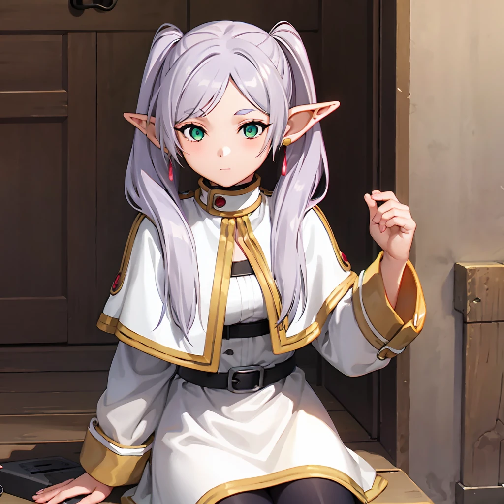  1 girl,  twin tails,  very long hair ,  silver hair,  pointed ears, Elf,  white capelet, green eyes,  black pantyhose,  earrings for a woman alone, White Skirt, belt, White sleeves, (Play video games:1.2)、 skirt raised、Panty shot