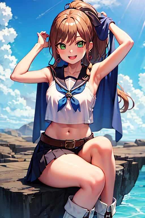 Best Quality, masterpiece,  high definition, Alone, {Imai_Lisa_BanG Dream!:1.15}, brown_hair, length_hair, 前hair,  jewellery, green_eye,  earrings for a woman alone, ,  ponytail,  side lock, Vivros \(Horse Girl\) white sailor color, Bare Shoulder,  Blue Ribbon , Small Cape,  Straps, Anchor decoration,   bodystocking , belt, Bare knees,  White Pleated Skirt , White boots, smile,  raise your arms, Under the arms,