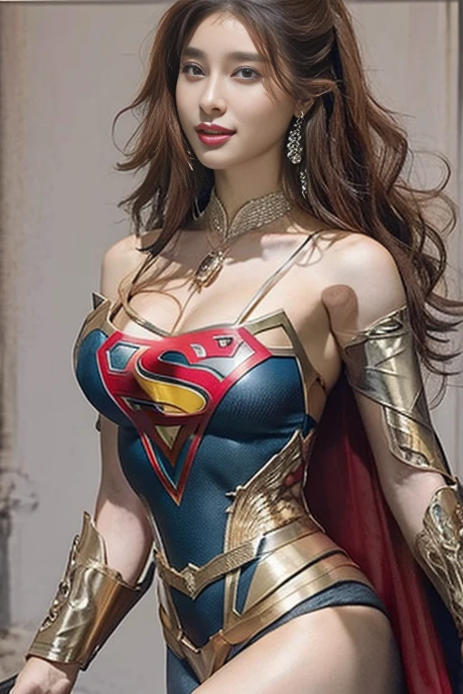 Best Quality, Realistic, photoRealistic,  1 portrait at the time of winning the award, ( intricate detail: 1.2), (Subtle details), ( intricate detail), (Cinematic Light), 1peopleの成熟した女性, Well-groomed super medium hair ,  Supergirl,  bouncy breasts so big and firm that they stick out of my big body: 1.7,  nipples that can tell the shape even when wearing a costume:1.5, Slim and tight waist ,  big round ass ,  An ideal and attractive body line, There is also a Superman emblem on the chest of the special luxurious formal costume at the time of the award, people々A gentle expression that makes you feel at ease , Smiling,  anatomically accurate, 