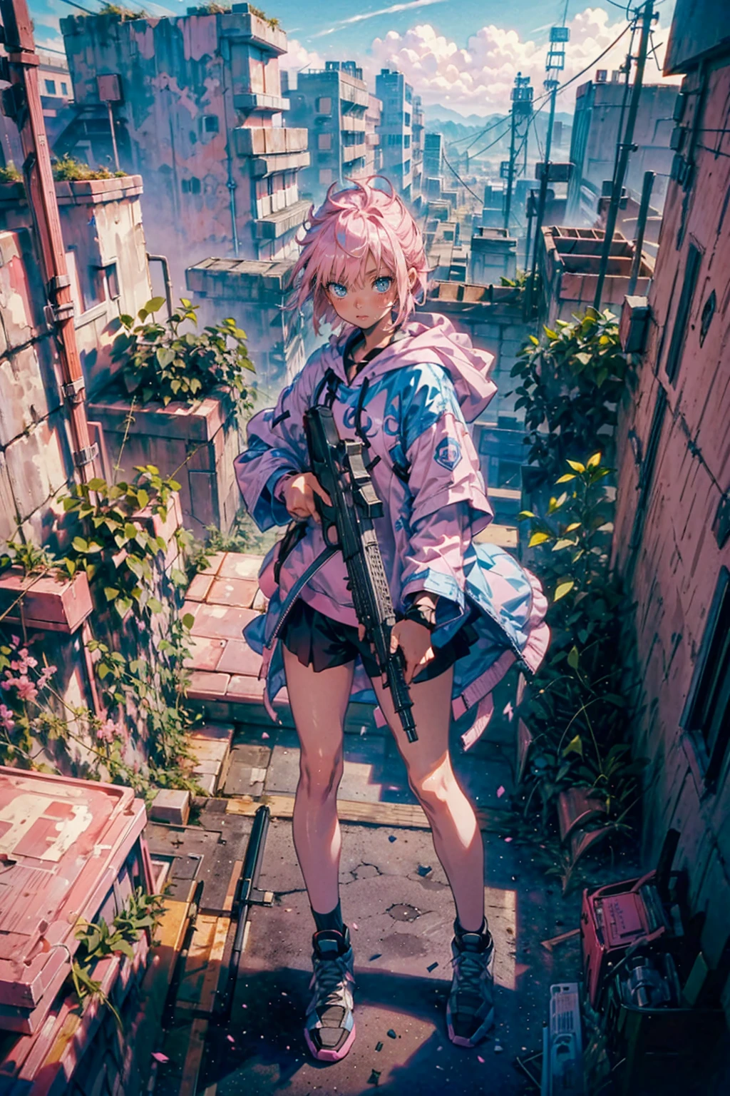 1girl,(((pink short hair,blue eyes))),cool,dark sorceress robe,hoodie,sneakers,Hold a rifle, sniper, aiming at viewer,gun
outdoor,building,rooftop,