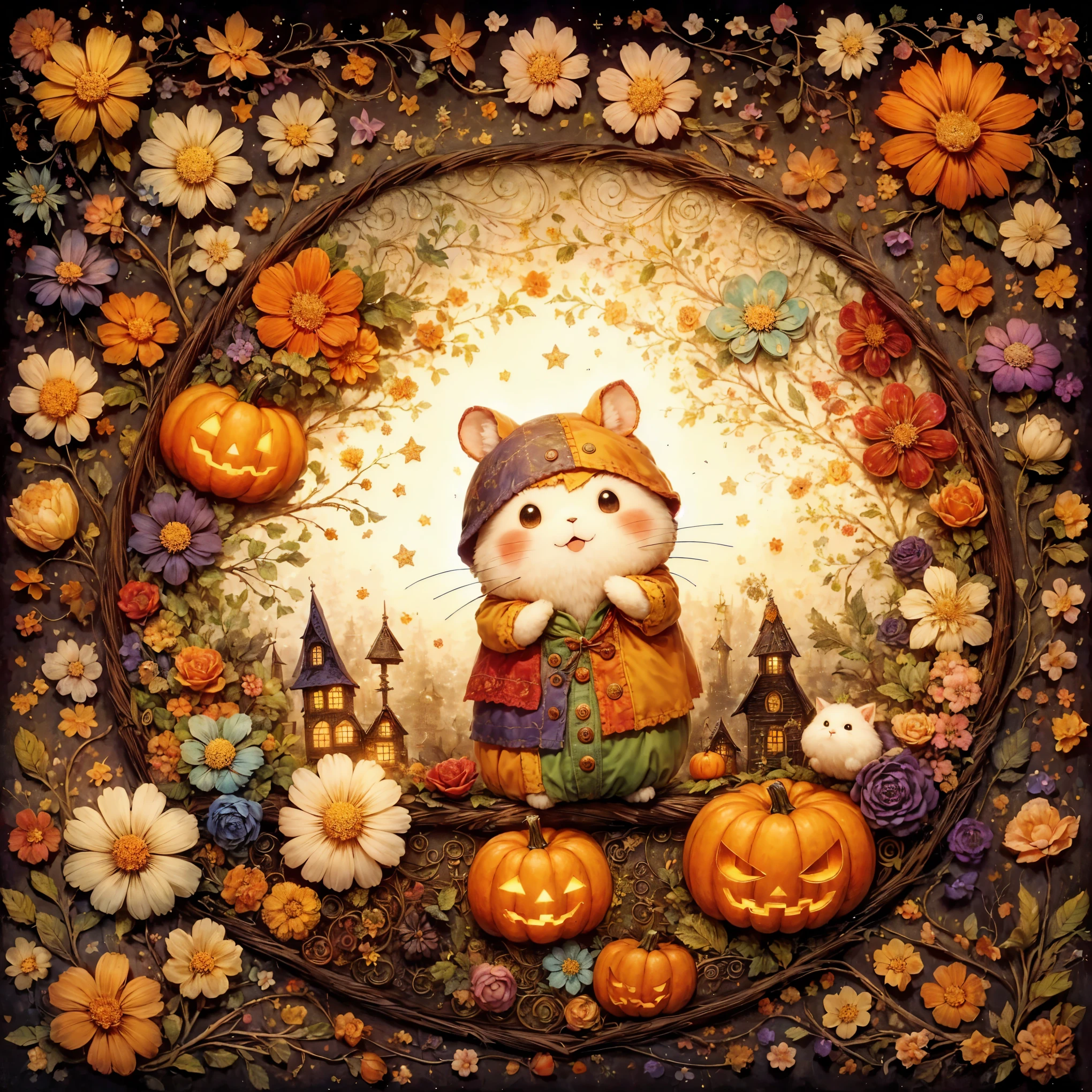 handicraft artwork,patchwork,cloth,button,felt fabric,Embroidery thread,Handicrafts with a warm and gentle atmosphere,(Halloween:カボチャ,おばけのシルエット,コウモリ,ハムスター),A dream-like sight,rustic colors,intricate details,artwork,Three-dimensional