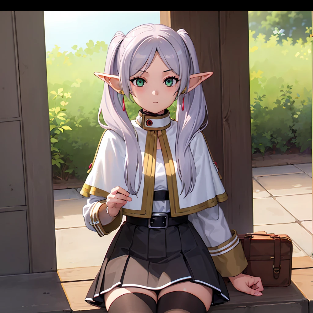  1 girl,  twin tails,  very long hair ,  silver hair,  pointed ears, Elf,  white capelet, green eyes,  black pantyhose,  earrings for a woman alone, White Skirt, belt, White sleeves, (Play video games:1.2)、((( skirt raised、Panty shot)))