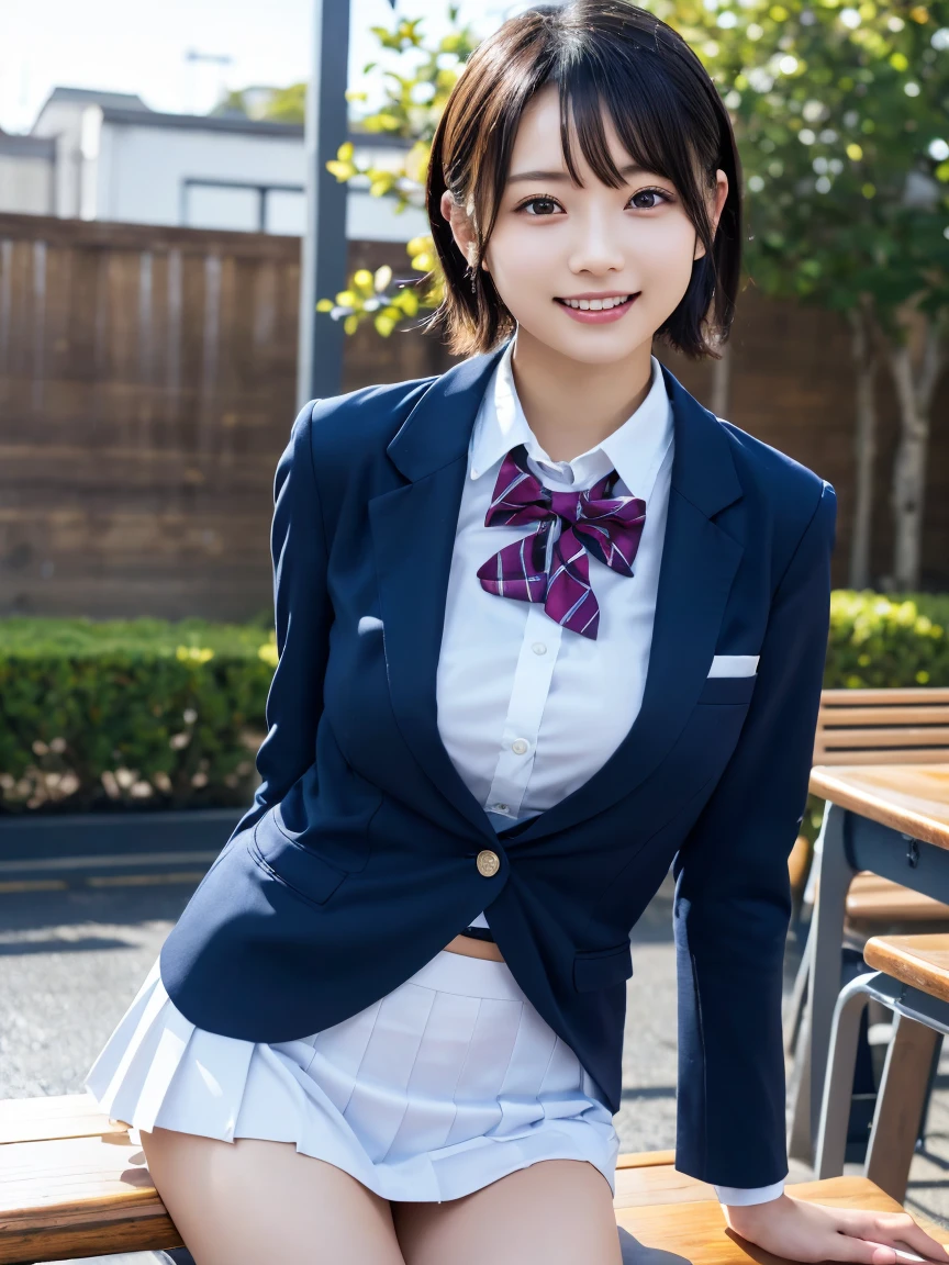 expensiveest quality, masterpiece, ultra expensive resolution, (realistic:1.4), 20-year-old,1 girl,Super expensive quality,8K,thinウエスト,thin脚,thin and beautiful arms,beautiful fingers,sale eye makeup,thin,Medium chest,soft chest,(((High school bicycle storage))),many students and bicycles,expensive ,Blazer uniform and ribbon miniskirt,after school gathering,((ponytail and hair tie)),((Bangs short hair)),realistic,picture media chest)),((toothy smile)),((big smile))