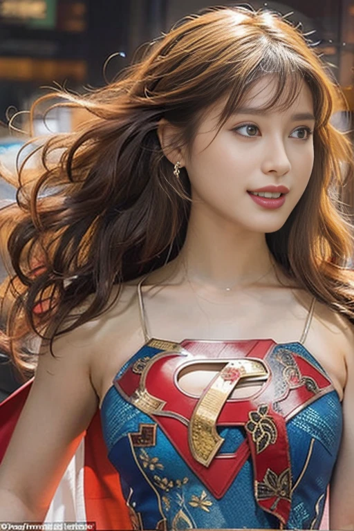 Best Quality, Realistic, photoRealistic,  1 portrait at the time of winning the award, ( intricate detail: 1.2), (Subtle details), ( intricate detail), (Cinematic Light), 1peopleの成熟した女性, Well-groomed super medium hair ,  Supergirl,  bouncy breasts that are big and firm enough to stick out of my big body: 1.7,  nipples that can tell the shape even when wearing a costume:1.5, Slim and tight waist ,  big round ass ,  An ideal and attractive body line, There is also a Superman emblem on the chest of the special luxurious formal costume at the time of the award, people々A gentle expression that reassures the heart of , Smiling, I'm standing supple ,  Free, 