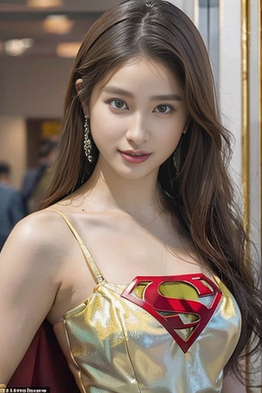 Best Quality, Realistic, photoRealistic,  1 portrait at the time of winning the award, ( intricate detail: 1.2), (Subtle details), ( intricate detail), (Cinematic Light), 1peopleの成熟した女性, Well-groomed super medium hair ,  Supergirl,  bouncy breasts that are big and firm enough to stick out of my big body: 1.7,  nipples that can tell the shape even when wearing a costume:1.5, Slim and tight waist ,  big round ass ,  An ideal and attractive body line, There is also a Superman emblem on the chest of the special luxurious formal costume at the time of the award, people々A gentle expression that reassures the heart of , Smiling, I'm standing supple ,  Free, 