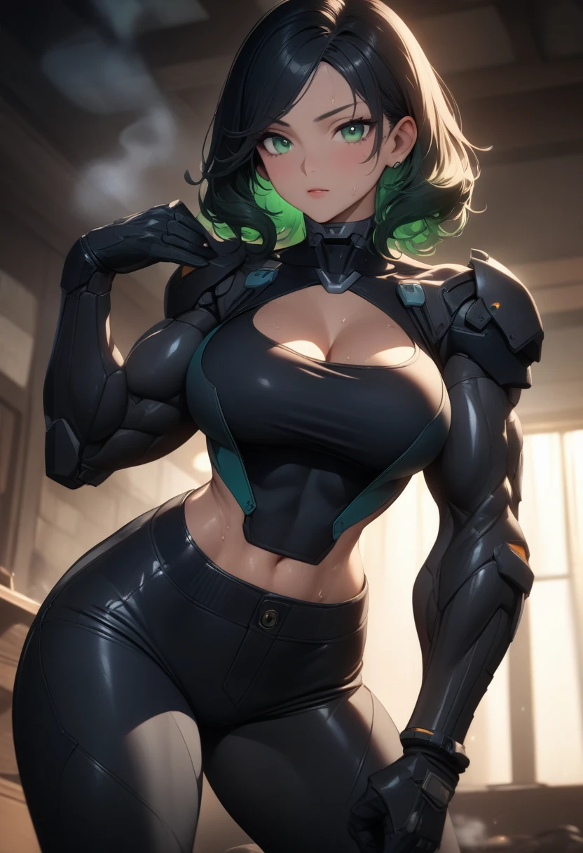 masterpiece,best quality,high resolution,8k,ultra HD,wallpaper,illustration,perfect face,cowboy shot,beautiful detailed eyes,extremely detailed face,perfect lighting,extremely detailed CG,perfect anatomy,perfect body,perfect hands,perfect fingers,1woman,full body,,muscle fighter body,(black bob hair ),light green eyes,large breasts,Medium ass,,(black tube top),black short hot pants,clothed,,collarbone,,looking at viewer,(),Steam,sweat, home,(Zenless Zone Zero character Jane Doe ),adult,