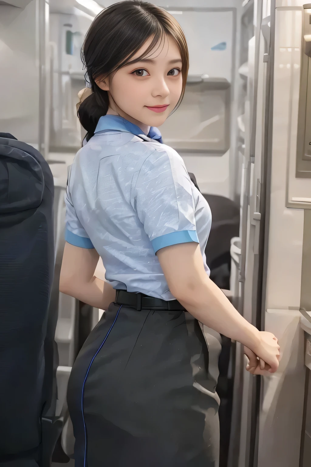 (masterpiece:1.2, Best Quality:1.2), 32kHDR,  high definition, (Alone、 1 girl)、（Rooftop of a building during the day、 professional writing ）、With the roof of the building in the background 、（ANA flight attendant uniform blueを着たリアルスタイル）、（（ANA flight attendant uniform blue blue short sleeve blouse  、 ANA FLIGHT ATTACENT UNIFORM BLUE SKIRT WITH A BLUE LINE IN THE BACK、 scarf around the neck ））、 Dark brown hair 、（Long Hair、Hair tied up、Hair tied up）、 Dark brown hair 、Long Hit、Big Breasts、Thin legs、（（Great hands：2.0）），（（ Harmonious Body Proportions ：1.5）），（（Normal limbs：2.0）），（（Usually refers to：2.0）），（（ Delicate Eyes：2.0）），（（Normal eyes：2.0））)、smile、（ANA flight attendant uniform blueを見せた美しい後ろ姿）、Hands clasped underneath