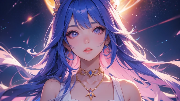 Close-up of a woman with  colorful  hair and necklace, Anime girl with cosmic hair , Rossdraws&#39; soft vibrancy, Guvitz (Gouvez ) Artwork of style,  fantasy art style ,  colorful ],  vibrant fantasy style , Rossdraws充满活力的卡通, cosmic and  colorful , Gu Weiss,  colorful  digital fantasy art, Stunning art style, Exquisite anime style ,  white skin, Subtle