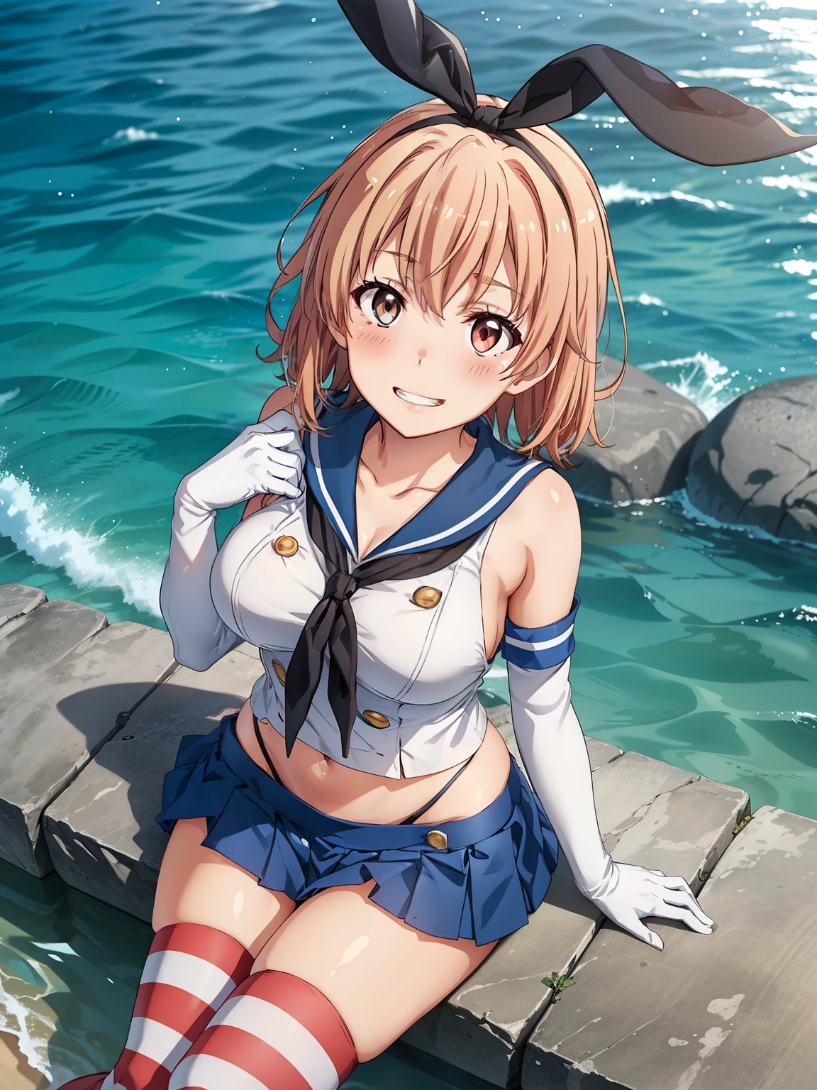 ((Best Quality,  high definition,   perfect pixel,  4K)),  ( beautiful anime girls turning their eyes),  depth of field 、


yuigahama yui、 short hair、(Big Breasts:1.3)、

shimakaze \\(kancolle\\)、
elbow gloves、White gloves、
striped thighhighs、
highleg panties、
blue pleated skirt、
 hair bow、

 grin 、(blush:1.3)、
 from above、 cleavage、

sea、sunlight、