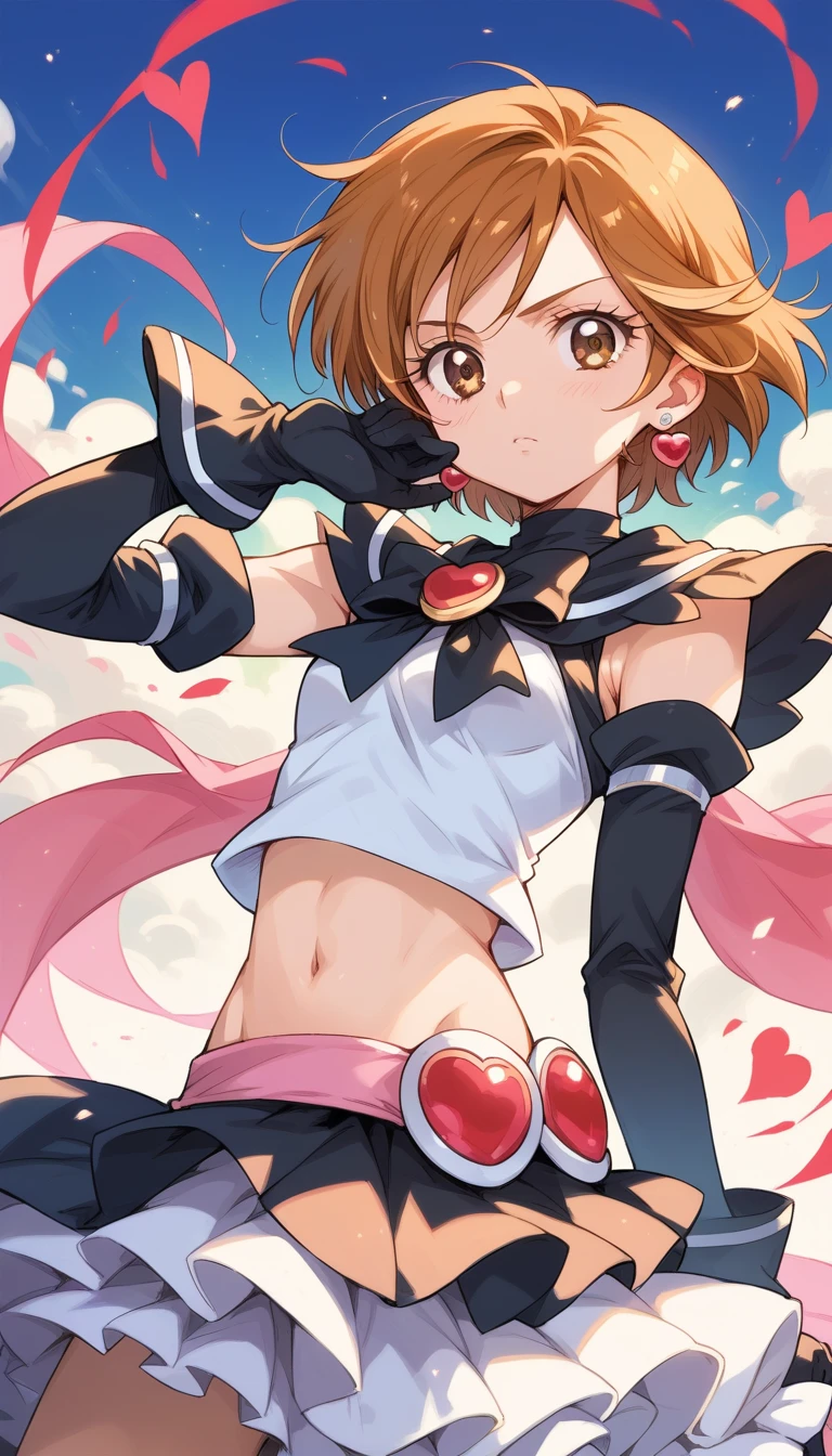 nagisa misumi, short hair, brown hair, brown eyes,skirt, gloves, navel, jewelry, heart, earrings, detached sleeves, midriff, eyelashes, magical girl, cure black,, 