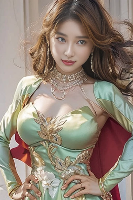 Best Quality, Realistic, photoRealistic,  1 portrait at the time of winning the award, ( intricate detail: 1.2), (Subtle details), ( intricate detail), (Cinematic Light), 1peopleの成熟した女性, Well-groomed super medium hair ,  Supergirl,  bouncy breasts that are big and firm enough to stick out of my big body: 1.7,  nipples that can tell the shape even when wearing a costume:1.5, Slim and tight waist ,  big round ass ,  ideal and attractive body line , There is also a Superman emblem on the chest of the special luxurious formal costume at the time of the award, people々A gentle expression that reassures the heart of , I'm smiling at the audience,  anatomically accurate, 