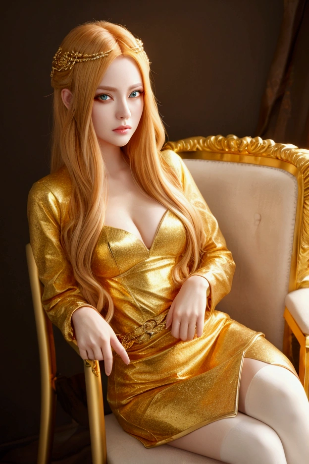 A cute beautiful hot sexy woman sitting on a throne made of gold in white lavish dress  white hairs close up raw 8k highest quality 
