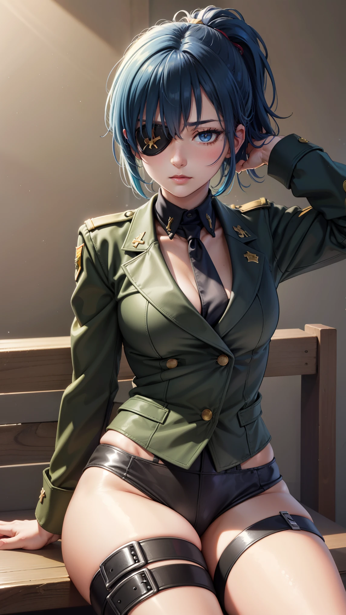 leona heidern, military alter,1girl, eye patch, blue eyes, cap, black uniform, thigh strap,hands above head, blue hair, ponytail, sitting, high cross-legged, cowboy shot, masterpiece, highres,sharp focus,cinematic lighting,detailed face,detailed eye, 