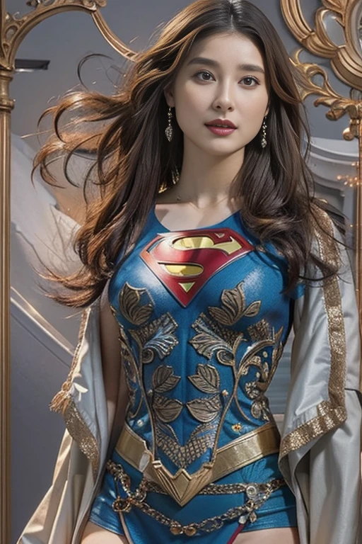 Best Quality, Realistic, photoRealistic,  1 portrait at the time of winning the award, ( intricate detail: 1.2), (Subtle details), ( intricate detail), (Cinematic Light), 1peopleの成熟した女性, Well-groomed super medium hair ,  Supergirl,  bouncy breasts so big and firm that they stick out of my big body: 1.7,  nipples that can tell the shape even when wearing a costume:1.5, Slim and tight waist ,  big round ass ,  An ideal and attractive body line, There is also a Superman emblem on the chest of the special luxurious formal costume at the time of the award, people々A gentle expression that reassures the heart of , Smiling,  anatomically accurate, 