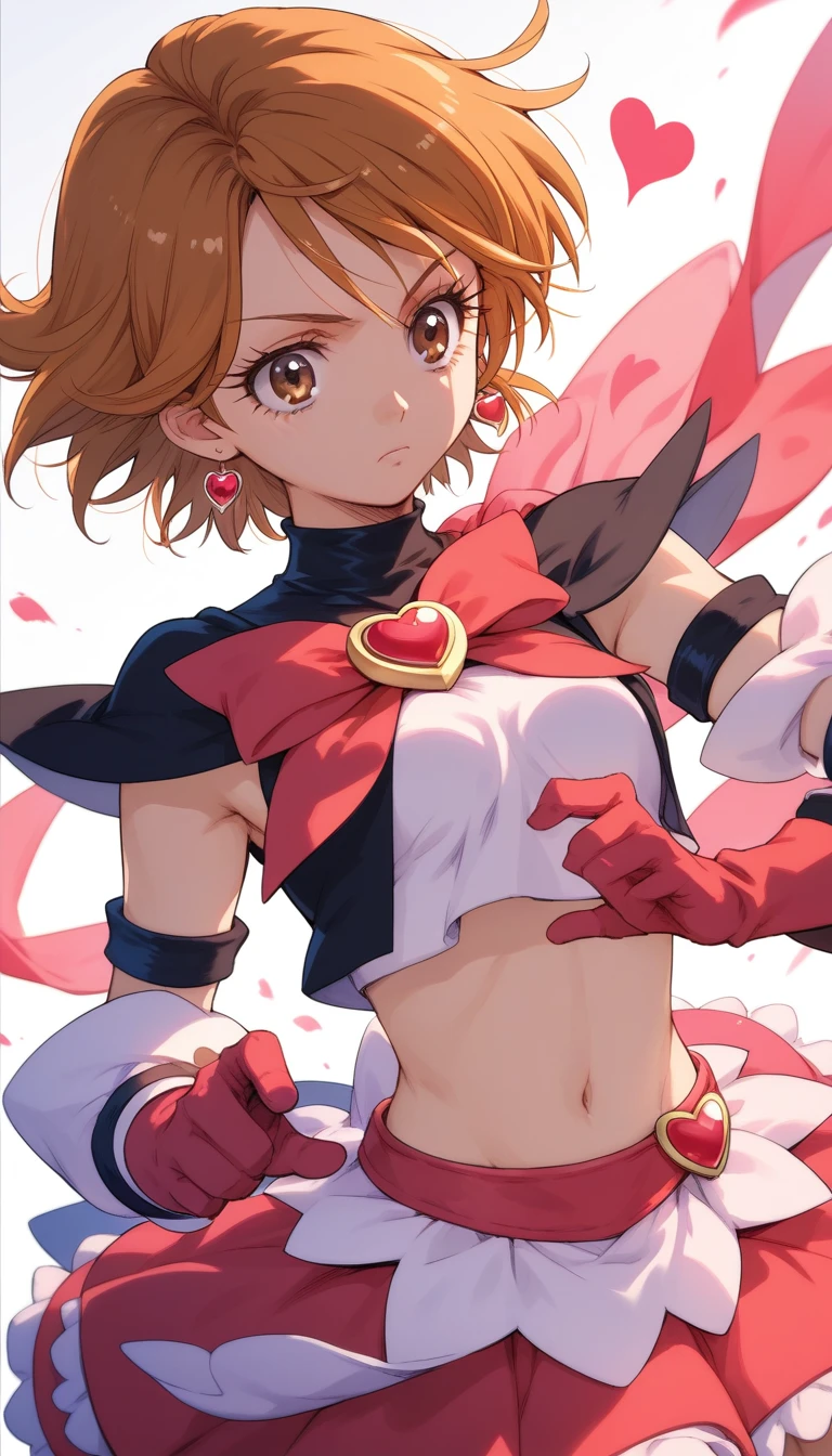 nagisa misumi, short hair, brown hair, brown eyes,skirt, gloves, navel, jewelry, heart, earrings, detached sleeves, midriff, eyelashes, magical girl, cure black,, 