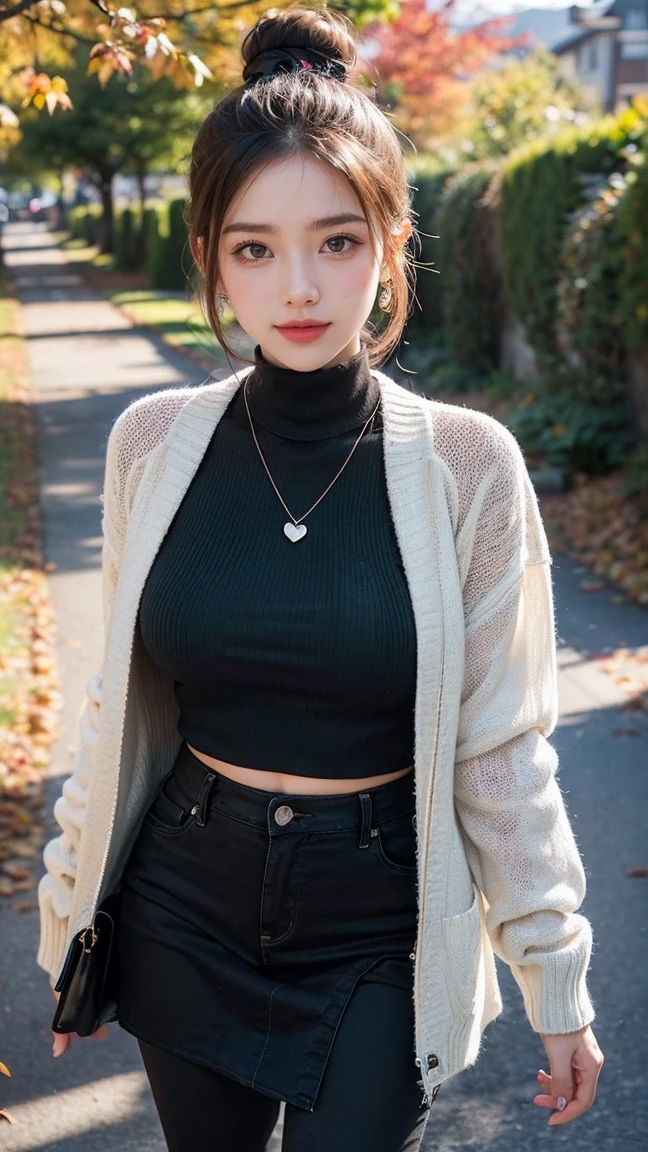 piercing eyes, (Ridiculously huge bust size:1.2), Looking directly at, 20 years old, beautifull black woman, Detailed face, short salon hair, wear suit, choker necklace, short skirt, (((Skirt lift:1.5))), Close-up photo of panties,the street, Afternoon light, NSFW