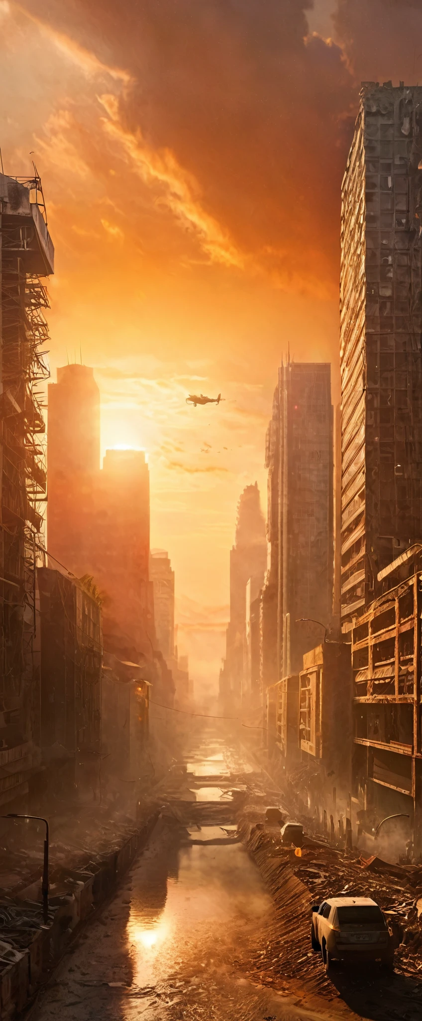 A city connected by countless walkways between high-tech skyscrapers and concrete, creating a complex urban network, photorrealistic, finely rendered textures in post apocalyptic environment, wasteland, ORANGE SKY, sunset with sun on the horizon, smoke spots in some buildings, leaning buildings collapsing diagonally and falling sideways onto each other.