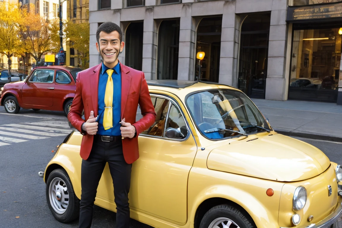  high definition, masterpiece,  high quality,  Ultra High Definition, Lupin the Third,difficult,  red jacket, Yellow tie, Blue Shirt,smile,Standing next to a yellow Fiat 500, new york,Realistic