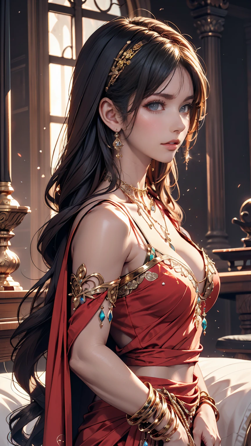 sari and wearing a necklace, complex set, Jeweled, Wearing something complicated, Exquisite Jewelry, with intricate detail, Complicated costumes, wearing elegant jewelry , intricate detail. from the front, Black Jewelry, Fine Jewelry, high intricate detail, Arabian woman wearing Arafat man's L , close-up portrait , Complex beauty, Intricate Jewellery , side view intricate detail