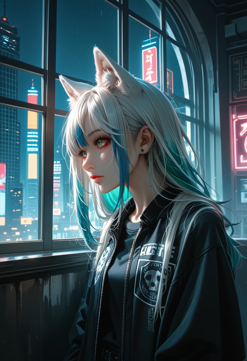 (masterpiece:1.2),

(best quality:1.2), 

(very aesthetic:1.2), (absurdres:1.2), (detailed background), newest, (safe:1.2), 32k uhd, sharp focus, matured girl, wolf ears, wolf tail, solo, streetwear, cool, :), neon colored inner hair, :), fashion_model_posing, (dynamic angle:1.3), (indoor), (night cityscape through large window), high-rise building interior, leaning against a window, neon lights reflecting on the window, visible city lights in background, dim ambient lighting, beautiful composition, she's on the 20th floor, (dramatic_scene), neon_colors, score_9, score_8_up, score_7_up, score_6_up, source_anime, gothic, gothic style, gothic makup