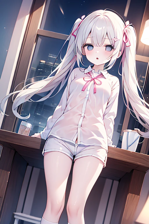 Hypnotic Eyes、 long white hair twin tails 、large long sleeve shirt、 shorts、The white underwear is transparent。White socks、night、 standing 、Arms are down、 hot and humid
Dutch angle,  pink ribbon 、Expressionless、 Drool , Black socks