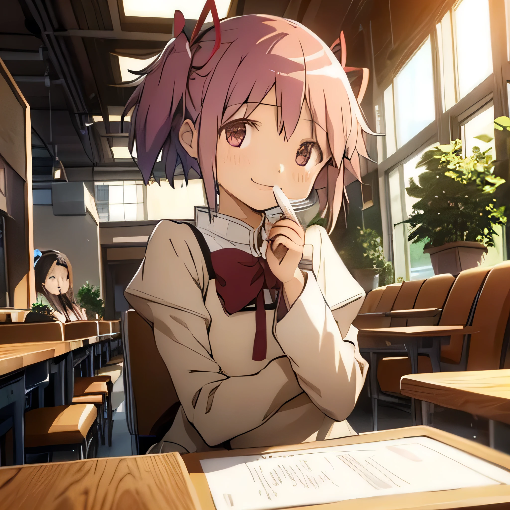 1girl, solo, madoka, beautiful illustration, best quality, masterpiece, 4K, beautiful eyes, beautiful hair, young girl in a school uniform, sitting in a second-floor café, drinking coffee together, looking AT me, a warm smile, 