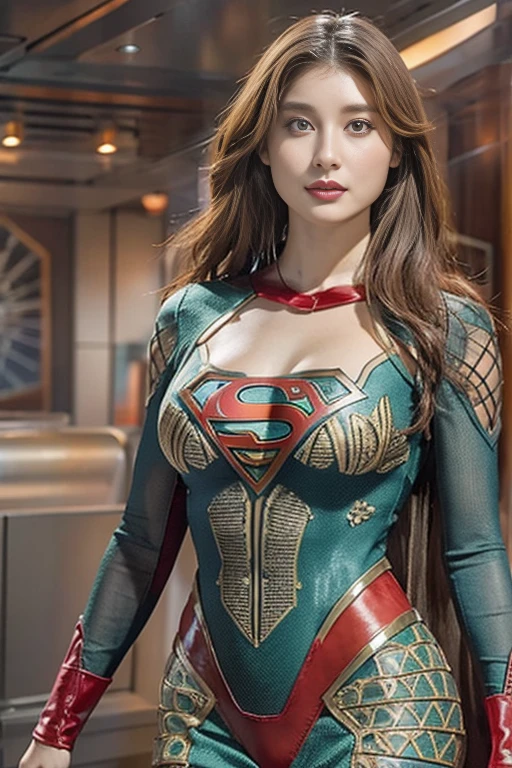 Best Quality, Realistic, photoRealistic,  1 portrait at the time of winning the award, ( intricate detail: 1.2), (Subtle details), ( intricate detail), (Cinematic Light), 1peopleの成熟した女性, Well-groomed super medium hair ,  Supergirl,  bouncy breasts that are big and firm enough to stick out of my big body: 1.7,  nipples that can tell the shape even when wearing a costume:1.5, Slim and tight waist ,  big round ass ,  ideal and attractive body line , There is also a Superman emblem on the chest of the special luxurious formal costume at the time of the award, people々A gentle expression that reassures the heart of , Smiling, I'm standing supple ,  anatomically accurate, 