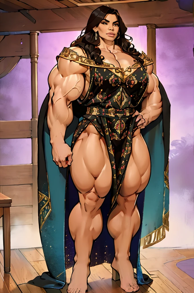 muscular massive 20 yo latina woman, fantasy witch, very long hair, cute lovely beautiful woman, magnificent (((long robes ornate))), gargantuan muscles, massive muscular thighs, strong well defined muscle, massive powerful bodybuilder physique, perfect and flawless musculature, great muscle definition, gigantic massive and bulging physique, broad round hips