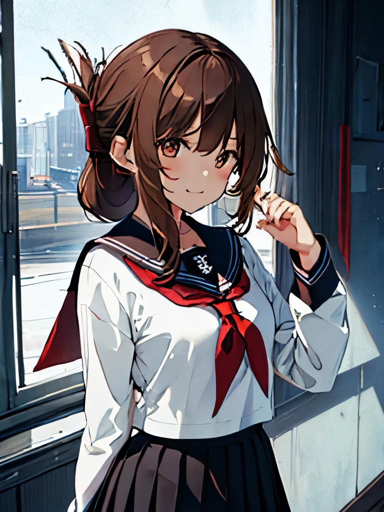 Best Quality, masterpiece,  high definition, Alone, {Lightning_  fleet collection:1.15}, brown_hair, folded_ ponytail, brown_eye, Seraph, length_hair, , open_mouth, smile,  1 girl, anchor_symbol, black_skirt, length_sleeves,  looks up_in_ viewers, Neckerchief, Pleats_skirt, red_Neckerchief, Sailor_ color, School_uniform, skirt,