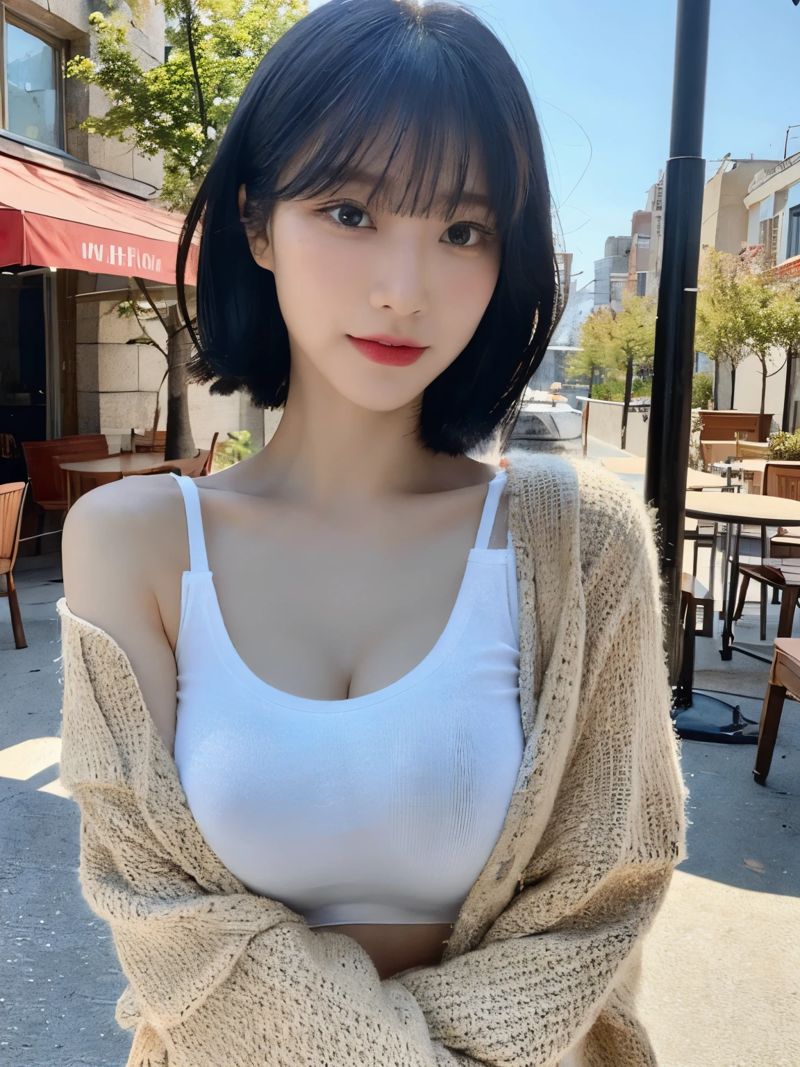 ((Best quality, 8k, Masterpiece :1.3)), upper body, Sharp focus:1.2, Beautiful Korean woman in her 20s with perfect figure :1.4, Slender abs, slender thigh :1.1, ((short hair, bangs, layered haircut, Big breasts :1.2)), (Fall outdoor terrace, outdoor cafe, street, street tree), (Sleeveless white t-shirt, and cardigan over the arm), Highly detailed face and skin texture, Detailed eyes, Double eyelid, close up, Selfies