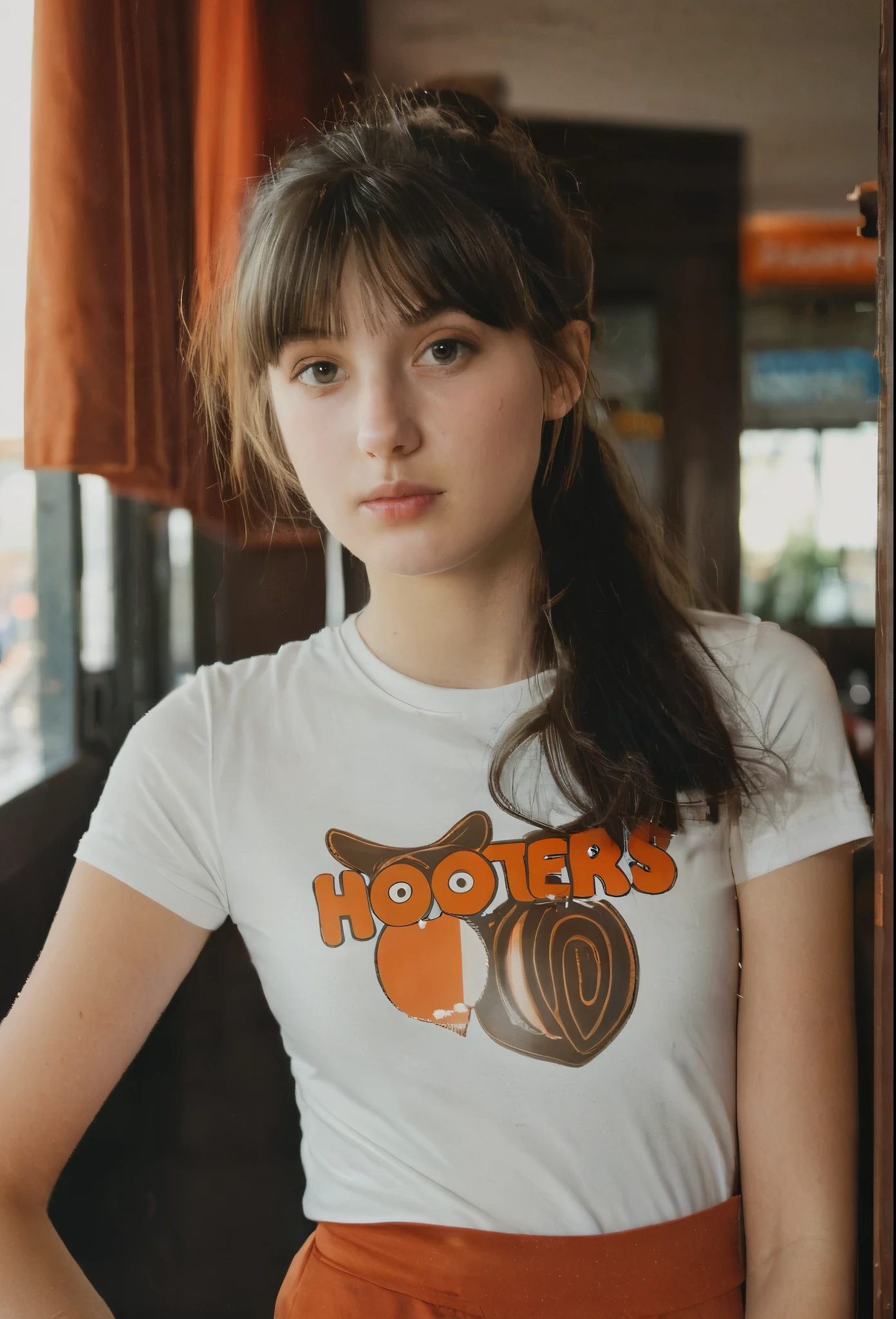 a melancholy photography, lomography, natural lighting,Fujifilm, Negative Space,cinematic photo Zoey Vaughn, tall, young woman, with rounded shoulders, athletic, lanky, skinny with a strong build. face is oval-shaped with a long upturned nose. Fair skin , Dark brown hair curtain bangs, styled updo, broad shoulders, wearing a hooters uniform. tshirt, low cut ,tight volleyball shorts, working at hooters restaurant, holding a glass of beer, bubble butt