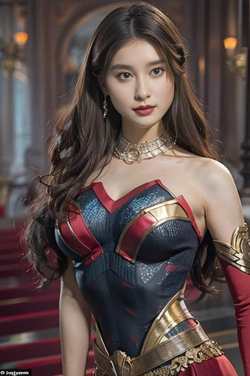 Best Quality, Realistic, photoRealistic,  1 portrait at the time of winning the award, ( intricate detail: 1.2), (Subtle details), ( intricate detail), (Cinematic Light), 1peopleの成熟した女性, Well-groomed super medium hair ,  Supergirl,  bouncy breasts so big and firm that they stick out of my big body: 1.7,  nipples that can tell the shape even when wearing a costume:1.5, Slim and tight waist ,  big round ass ,  An ideal and attractive body line, There is also a Superman emblem on the chest of the special luxurious formal costume at the time of the award, people々A gentle expression that reassures the heart of , I'm smiling at the audience,  Free, 