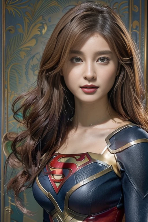 Best Quality, Realistic, photoRealistic,  1 portrait at the time of winning the award, ( intricate detail: 1.2), (Subtle details), ( intricate detail), (Cinematic Light, Light brown, glossy medium hair ,  Supergirl,  very .  The volumetric light adds a magical vibe ,  in a supernatural way to accentuate your beauty and aura .  high dynamic range technology  ( high definition) Highlighting the core,   volumetric lighting adds a magical vibe and 、 adds richness to the overall composition . この芸術は非Realisticな肖像画を表現しています.  Costumes That Highlight Big Breasts ,  firm, bouncy breasts that are big enough to stick out of the body:1.9, Nipples that stand out even when wearing the costume that won the award :1.3, Slim and tight waist ,  big round ass ,  special when winning, even in a luxurious costume, there is a Superman emblem on the chest,  ideal and attractive body line , Eight-headed body with long legs, people々 standing supple ,  smiling, A gentle expression that reassures , Angle above the knee,  anatomically accurate , 