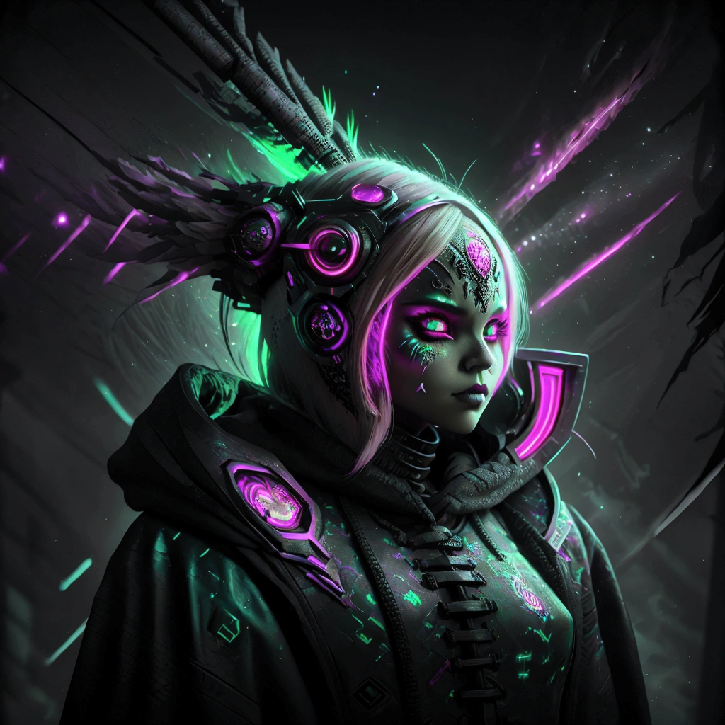 "A futuristic, cyberpunk character with ash-gray or white hair and a doll-like face, featuring a mysterious, melancholic expression. The character wears a detailed, high-tech mask with intricate, dragon-like designs in neon pink and green accents. Her eyes are large and expressive, with purple makeup that adds intensity. The armor is dark and ornate, with sharp, wing-like extensions on the sides. The color palette includes dark tones, contrasted by neon pink and green lighting, creating a high-contrast, sci-fi aesthetic against a dark background."