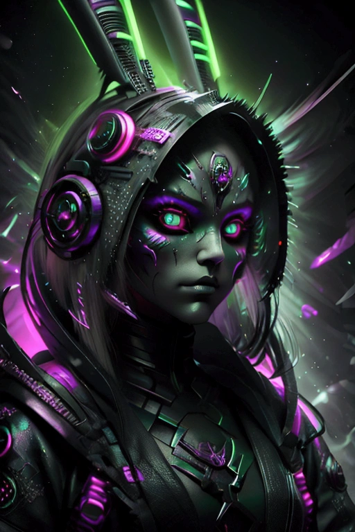 "A futuristic, cyberpunk character with ash-gray or white hair and a doll-like face, featuring a mysterious, melancholic expression. The character wears a detailed, high-tech mask with intricate, dragon-like designs in neon pink and green accents. Her eyes are large and expressive, with purple makeup that adds intensity. The armor is dark and ornate, with sharp, wing-like extensions on the sides. The color palette includes dark tones, contrasted by neon pink and green lighting, creating a high-contrast, sci-fi aesthetic against a dark background."