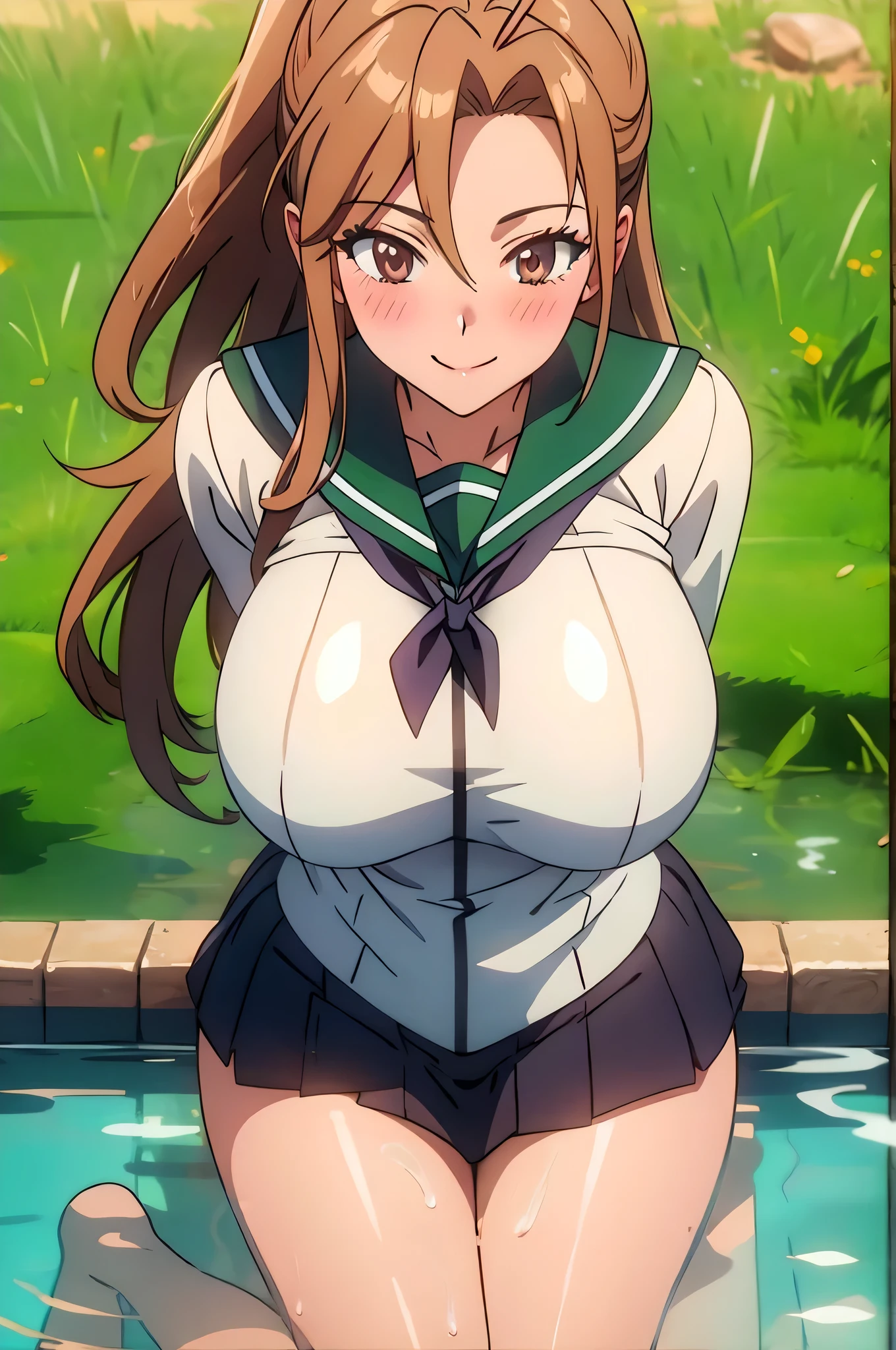  best quality,  masterpiece ,  high resolution ,  unique,(成Mature Woman性, Mature Woman:1.4),  stare at the viewer , 
king, anime art style, 1 Girl,  unique, Long_hair,  Smile, brown_hair, brown_Eye, School_, sailor uniform, Large target_breast, antenna_hair, 
light  Smile, blush,Grass, site, ( Warisa ), 
 