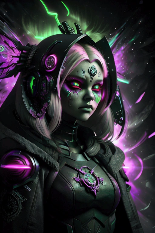 "A futuristic, cyberpunk character with ash-gray or white hair and a doll-like face, featuring a mysterious, melancholic expression. The character wears a detailed, high-tech mask with intricate, dragon-like designs in neon pink and green accents. Her eyes are large and expressive, with purple makeup that adds intensity. The armor is dark and ornate, with sharp, wing-like extensions on the sides. The color palette includes dark tones, contrasted by neon pink and green lighting, creating a high-contrast, sci-fi aesthetic against a dark background."