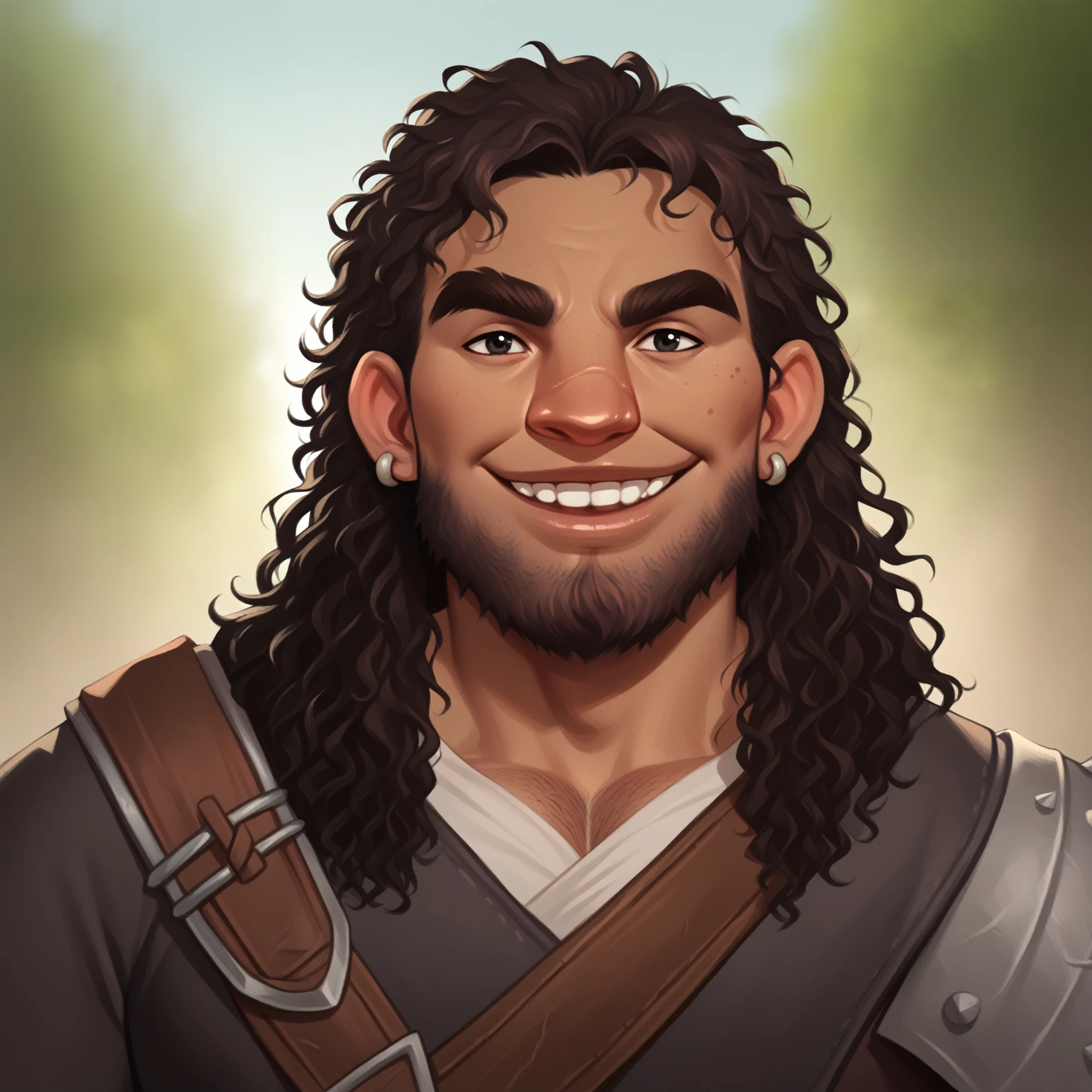 (((beautiful, high quality, comics style, detailed face))), score_9, score_8_up, score_7_up, BREAK, giant, a male barbarian:1.3, high stature, big nose, dark curly hair, messy voluminous hair, ((short beard)), (((muscular))), ((wide shoulder)), (((mature man:1.1))), tanned skin, ((bushy eyebrows)), small black eyes, hairy body, solo, portrait, upper body, portrait, facing viewer, silly smile, bearing teeth, goofy expression, barbarian clothes, fantasy outside, blurred background, Expressiveh, detailxl