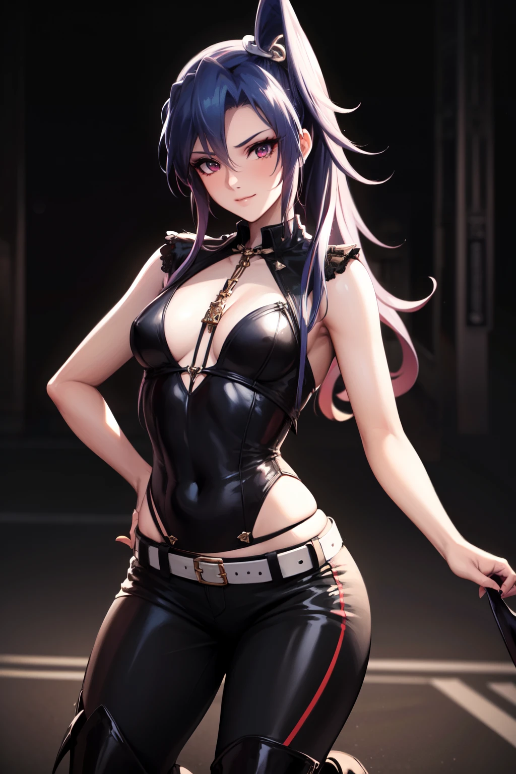 Beautiful Girl, Full body, Tousled Long blue hair left side Ponytail, red eyes with slit pupils, small breasts,  ((Pose Seductive:1.0)), Black eyeshadow, (street style wear:1.2), ((Tight-fitting pants)), ((Knee High Leather Boots)), (dark city night black background:1.4),  (light_Smile:1.0), Dark makeup, Digital Art, Trending on ArtStation, Highly detailed, Fine detail, Convoluted, Beautiful detailed glow, Detailed, Cinematic Light, hight resolution, detailed facial features, Sharp Focus, Smooth, Aesthetic,