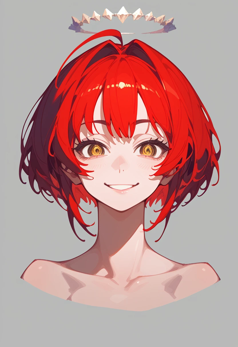 Anime style portrait of a girl with short deep red hair, {golden eyes}, bright eyes, pretty face, eye contact with camera, subtle smile, simple background to emphasize character, high contrast, clean lines, digital drawing, attractive, calm, confident eyes,  